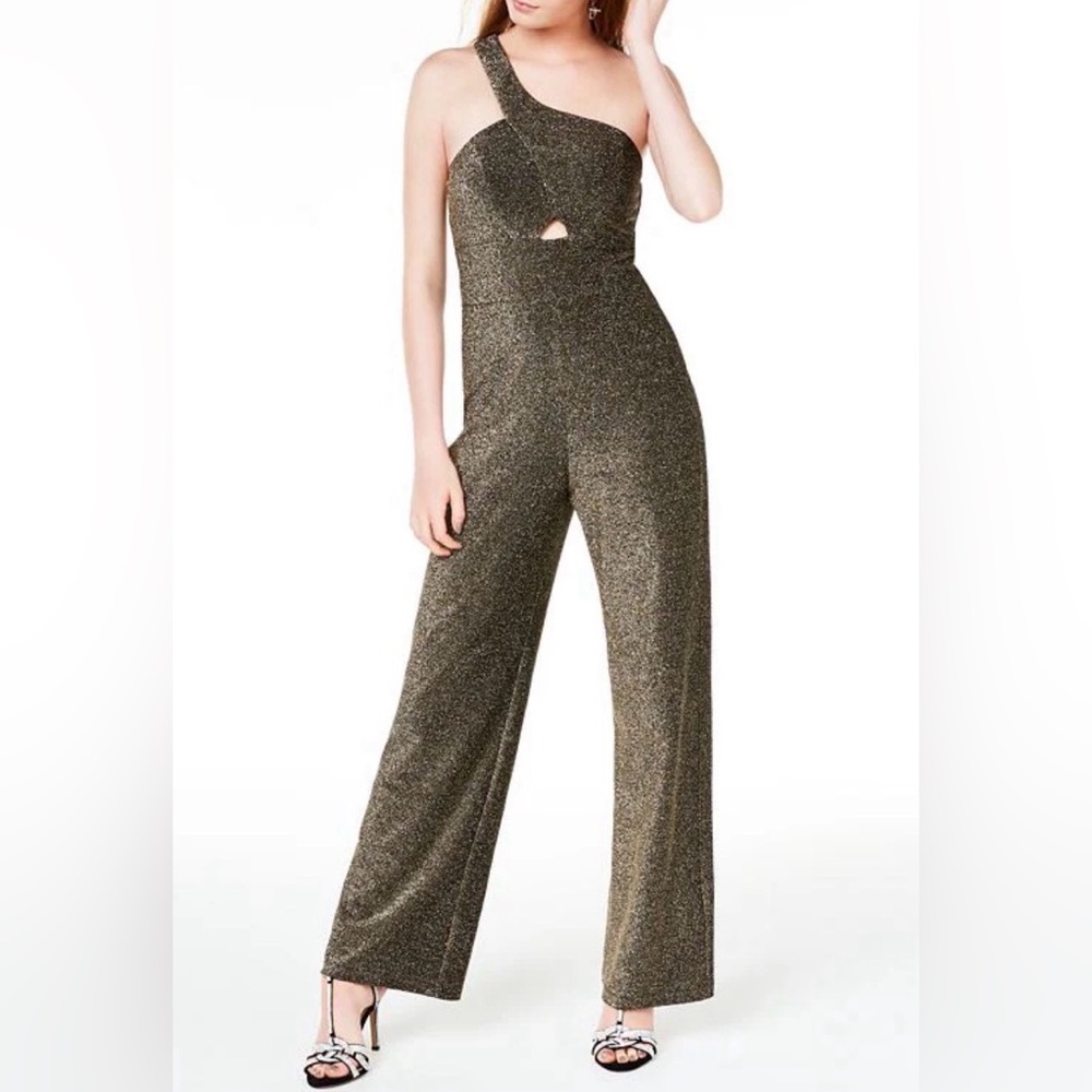 City Studio Jrs SZ 3 One Shoulder Gold Jumpsuit Zipper on Side Sparkly